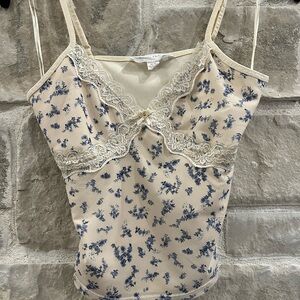 Pink Rose Cream and Blue Floral Cami with Lace Trim